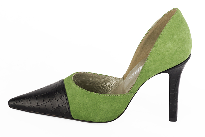 Satin black and grass green women's open arch dress pumps. Pointed toe. Very high slim heel. Profile view - Florence KOOIJMAN